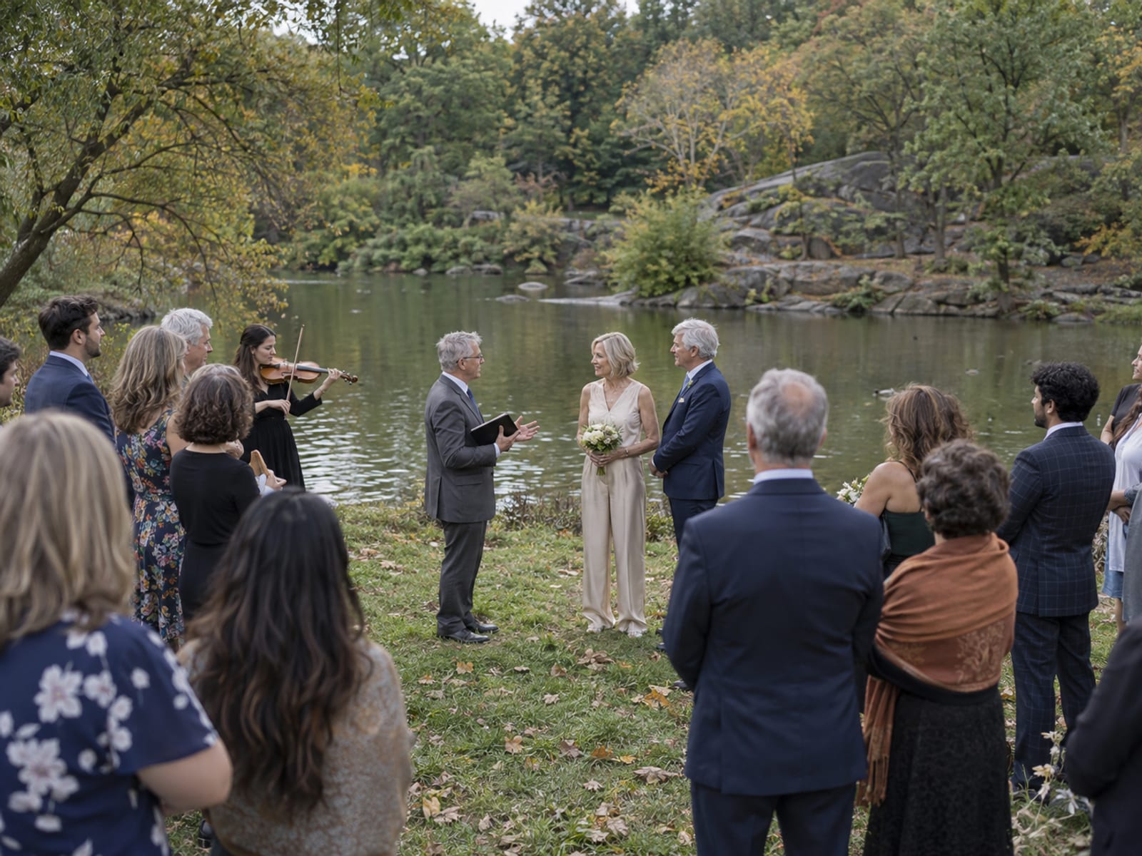A vow renewal on a pond-side lawn in a large city park, a woman in a champagne jumpsuit and a man in a navy suit in their sixties, both with fair skin, facing an officiant, about eighteen guests standing on the grass and a violinist playing at one side