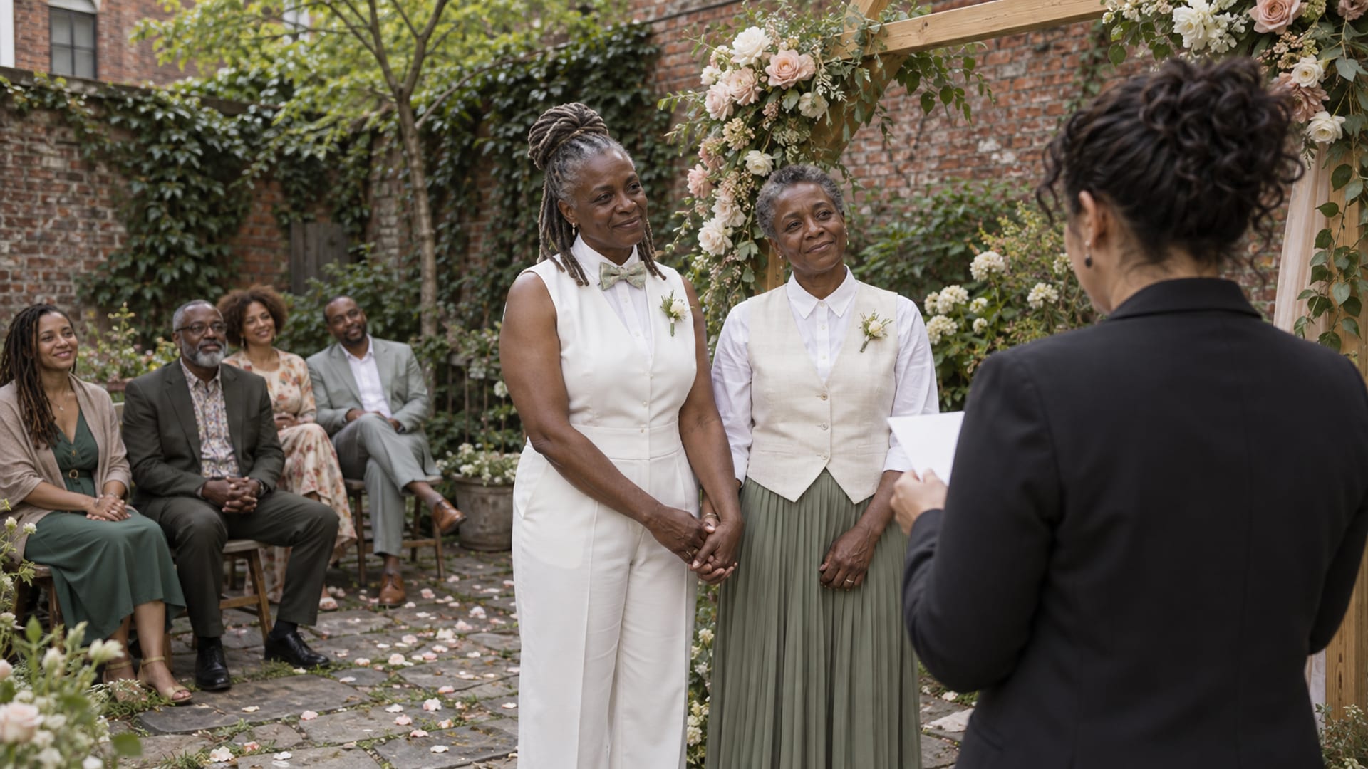 An officiant in three-quarter back view reading from a small blank card to two people in their sixties, both with deep brown skin, one in a white jumpsuit with a silk bow tie and one in a pleated midi skirt with a waistcoat, under a floral arch in a rowhouse back garden