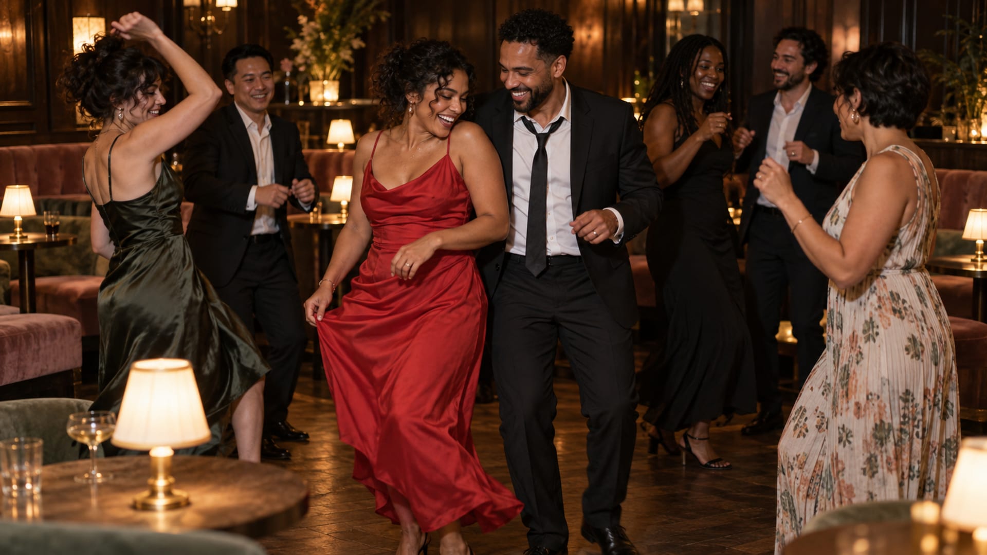 A woman in a red dress and a man in a black suit, both in their thirties with medium brown skin, dancing with a few friends late at night in a dim cocktail lounge with low banquettes and small table lamps
