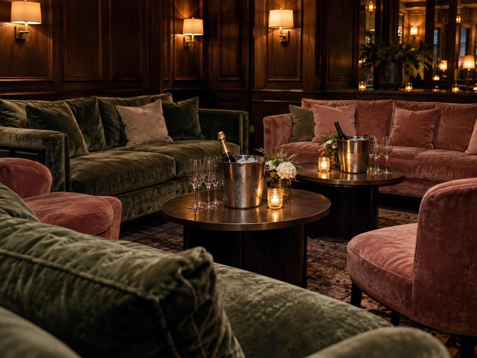 A reserved lounge area set for a wedding group before anyone arrives, low tables with small candles, unlabelled bottles in ice buckets, velvet sofas and a few chairs pulled together