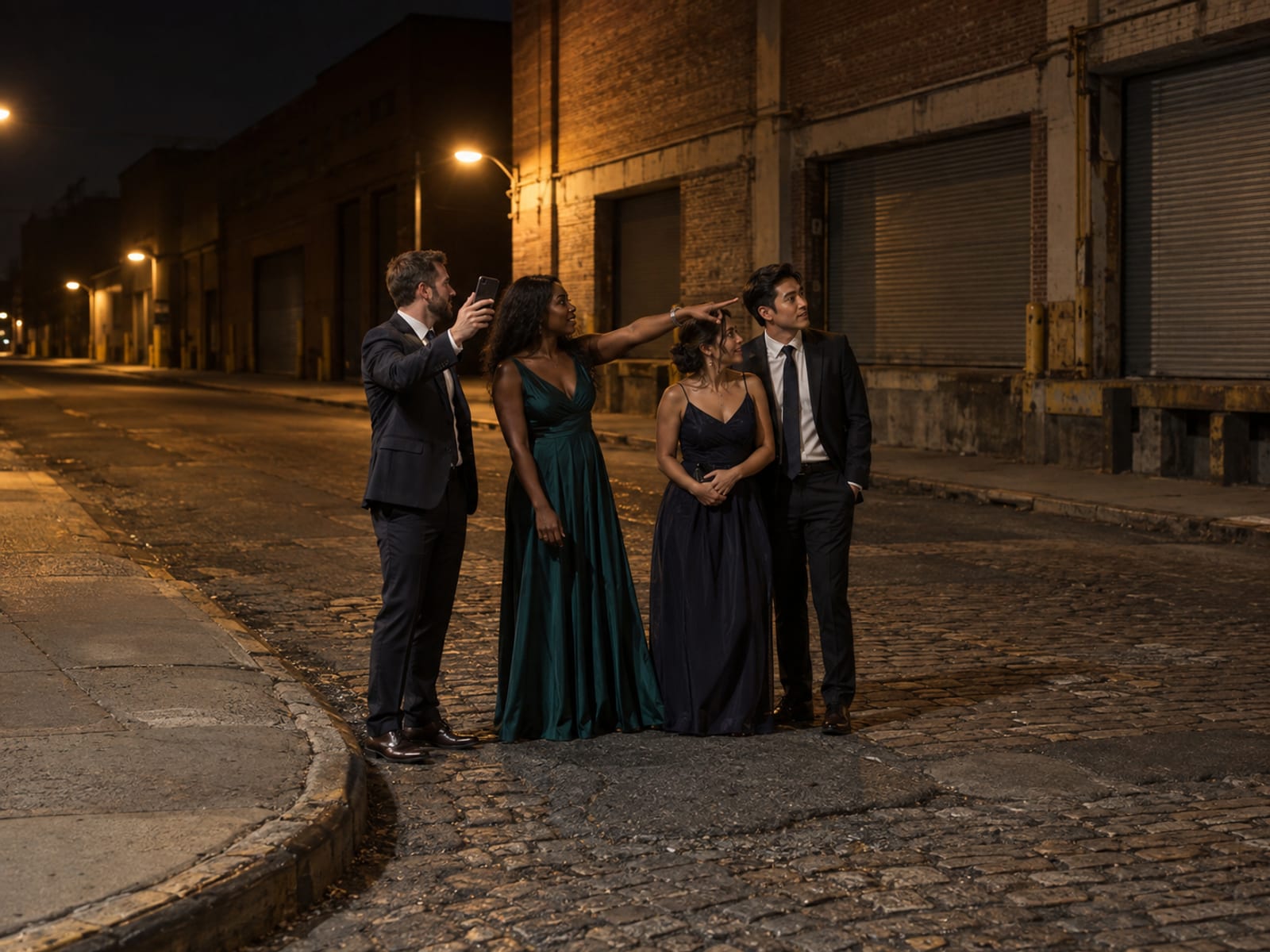 A small group of wedding guests in formal clothes standing at a street corner in a quiet warehouse district at night, one holding up a phone with the screen turned away, another pointing down the block