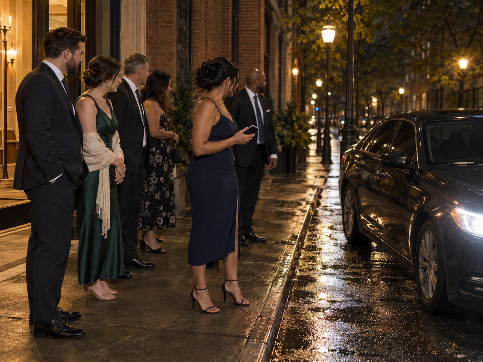 Wedding guests in their twenties to fifties in formal clothes waiting on a lit sidewalk late at night as a dark unmarked car pulls up to the curb, one guest holding a phone with the screen facing away