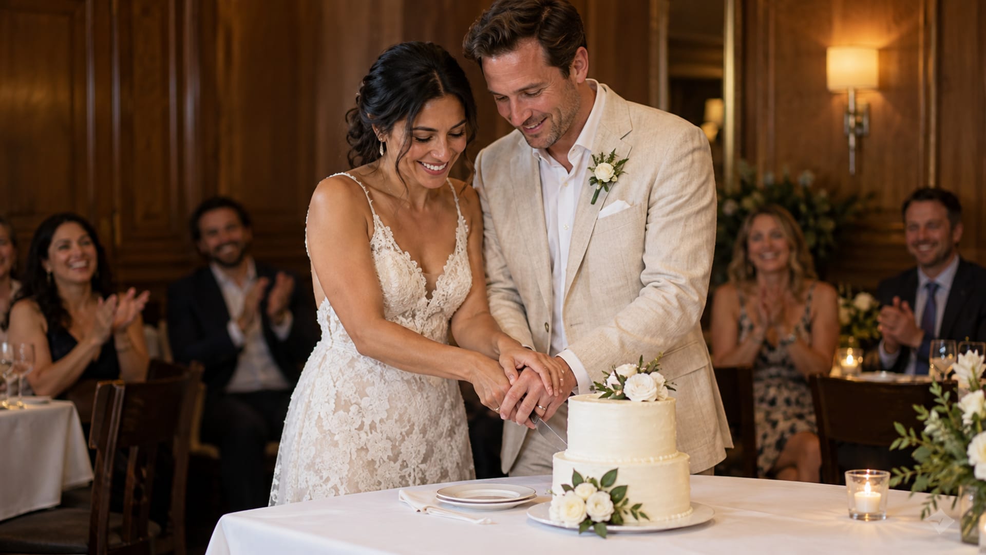 A woman with medium olive skin in a lace dress and a man with fair skin in a linen suit cutting a small two tier white cake together with one knife, guests laughing and clapping softly out of focus behind them