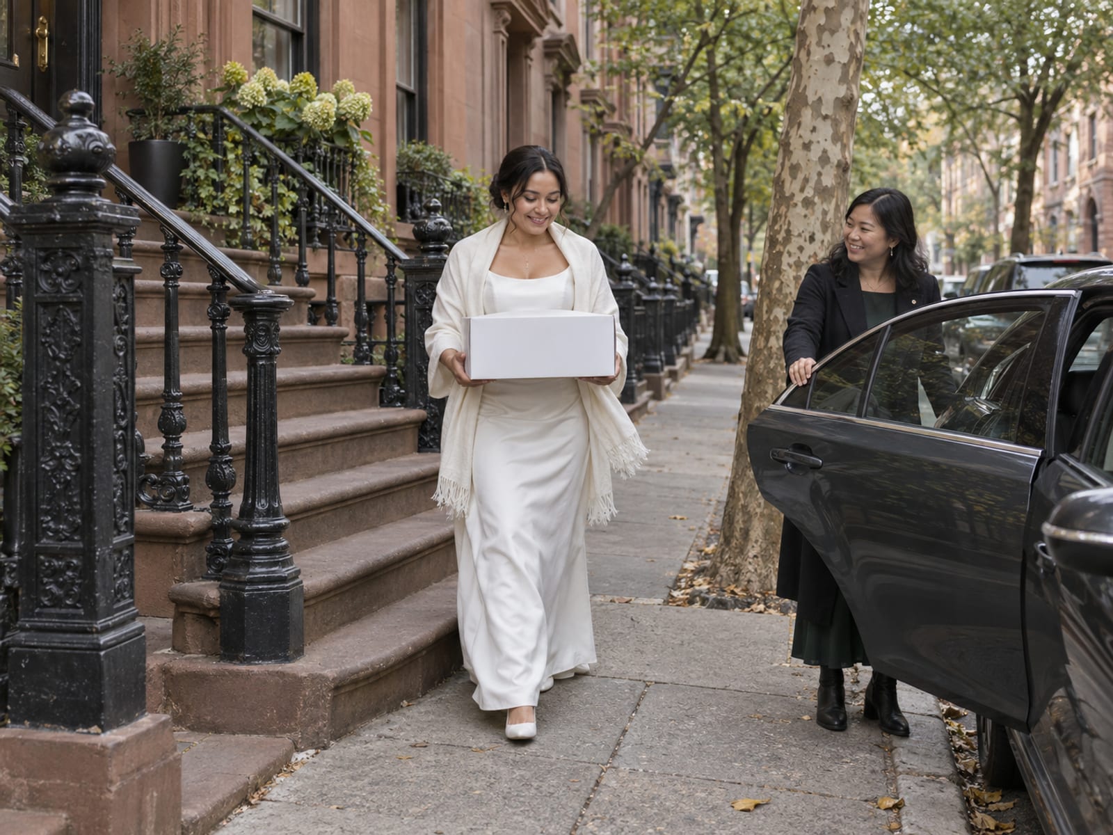 A person in wedding clothes carrying a plain white cake box level in both hands down brownstone stoop steps toward a waiting car at the curb, a friend holding the rear door open, cast-iron railings and plane trees