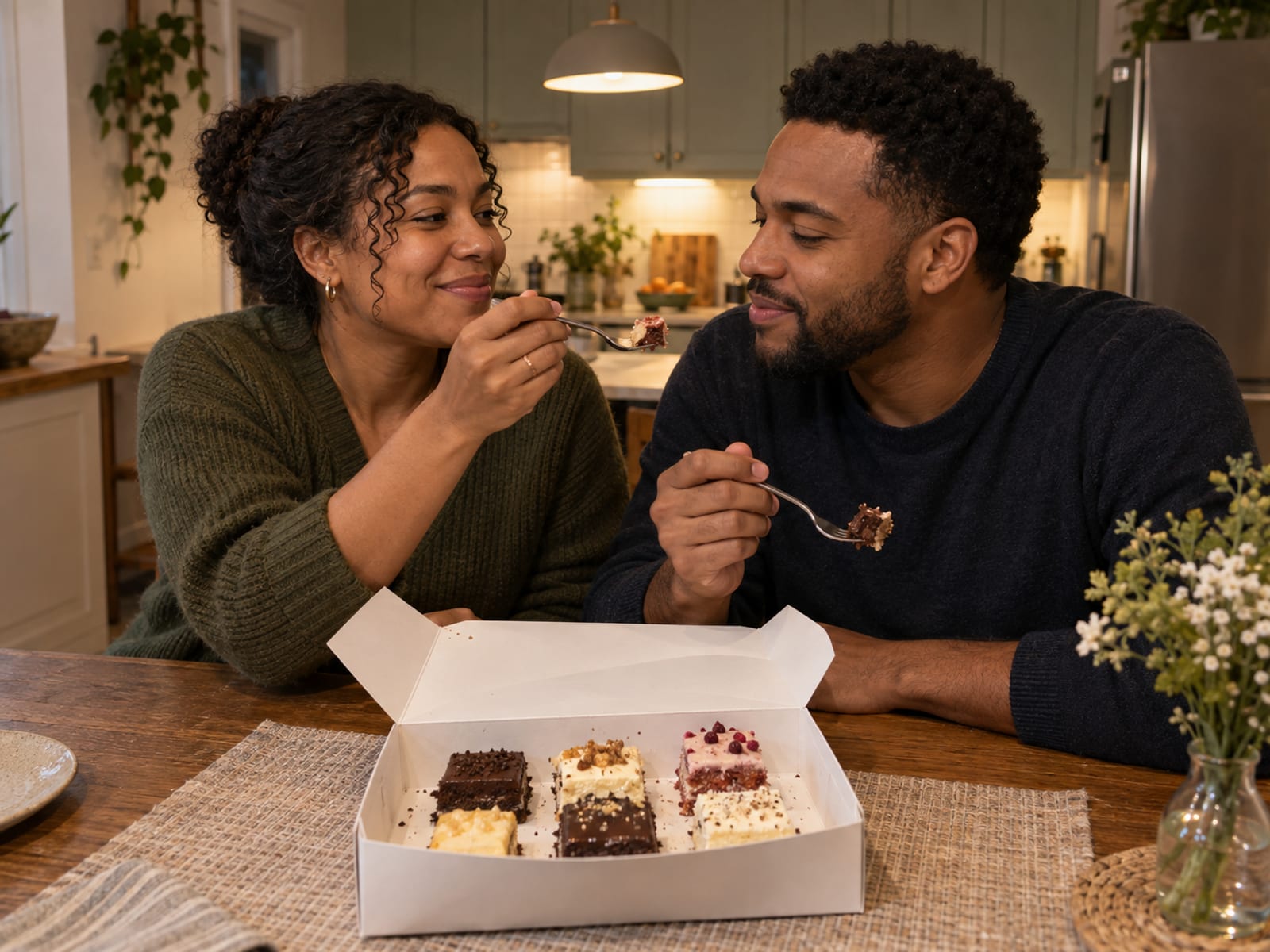 A woman and a man with medium brown skin at a kitchen table in the evening leaning over a plain white bakery box of six small cake squares, each holding a fork, one offering the other a bite