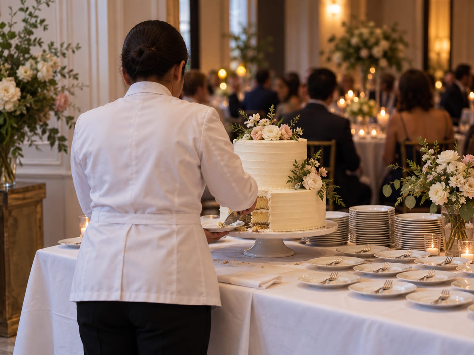 A banquet server in a white jacket seen from behind cutting and plating a wedding cake at a side station in a reception room, rows of small plates with forks waiting on the linen, the party softly blurred beyond