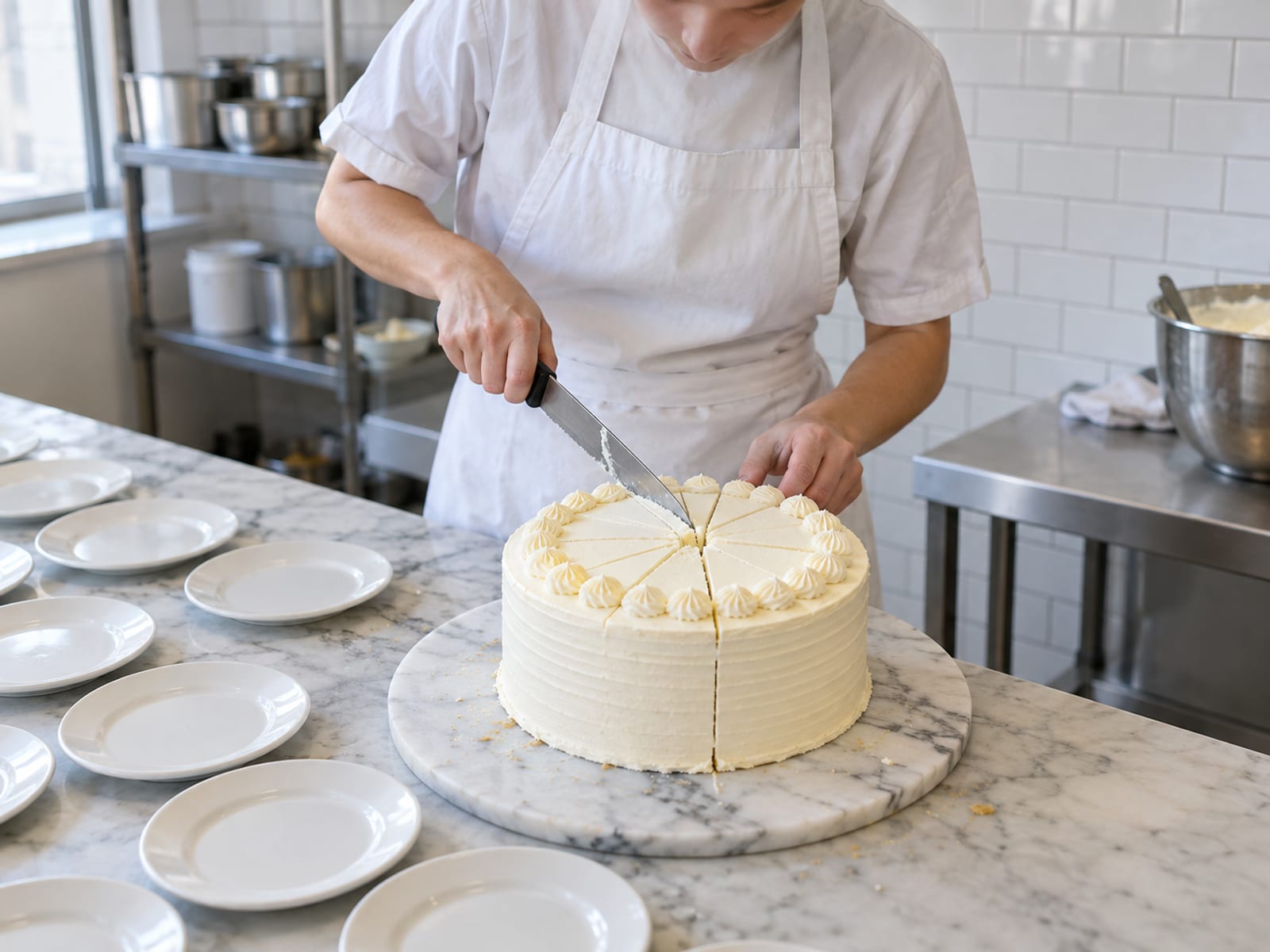 A baker in a white apron slicing a single-tier white cake into even portions with a long knife on a marble board, small white plates lined in rows beside it in a bright tiled kitchen, the face turned down
