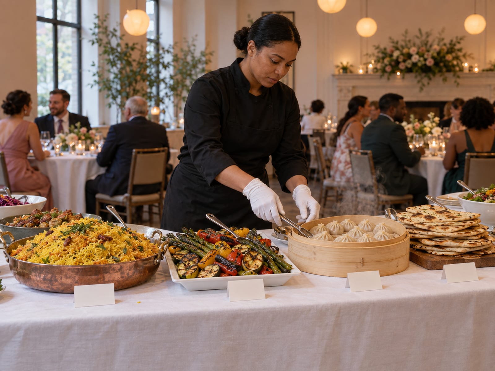 A long buffet with dishes from two cuisines side by side, saffron rice, grilled vegetables, dumplings and flatbreads, each dish with a small blank folded card in front of it, and a server in white gloves arranging the serving spoons