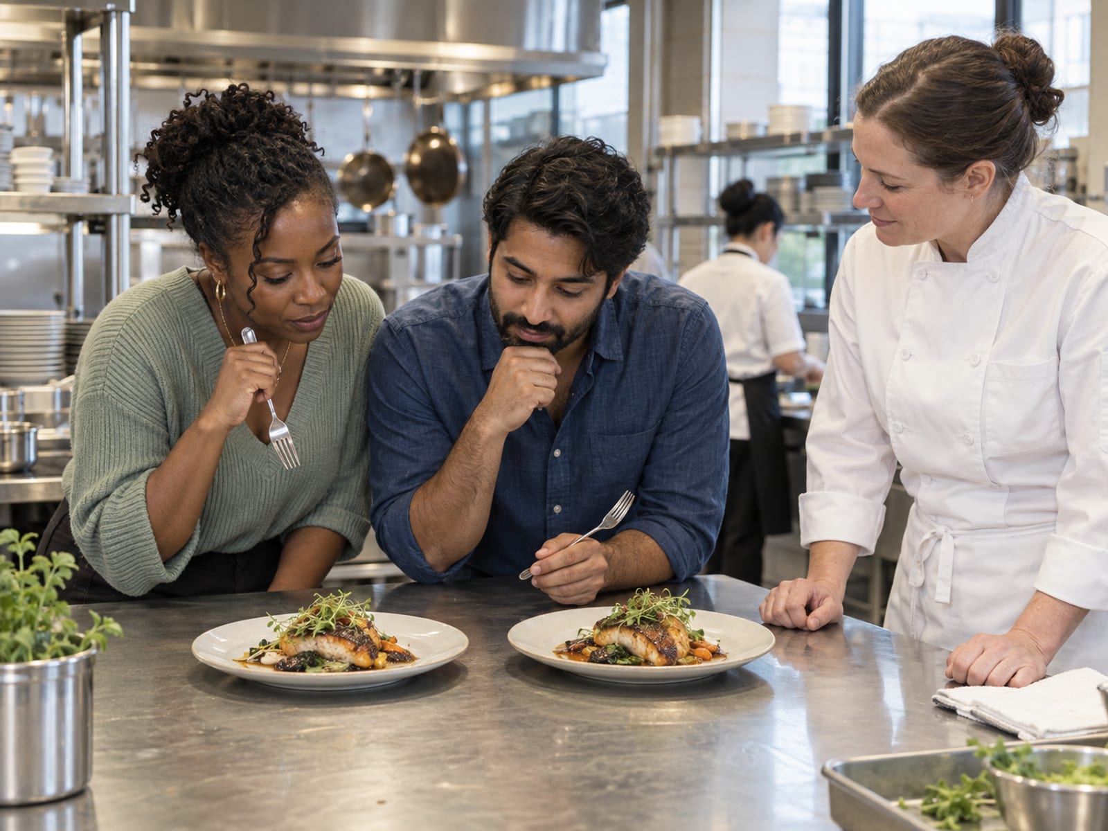 A woman and a man in their thirties in everyday clothes, one with dark skin and one with light tan skin and South Asian features, comparing two versions of the same main course with forks at a steel table while a chef in whites waits to hear