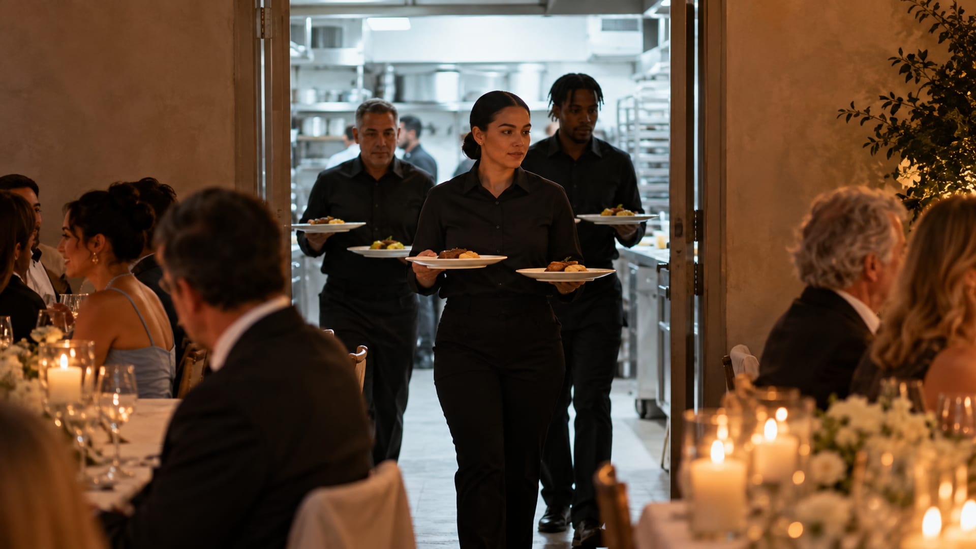 Servers in black carrying plated dinners out through a service door into a candlelit reception where guests of mixed ages sit at long tables with white linen, bright kitchen light behind them and warm light ahead