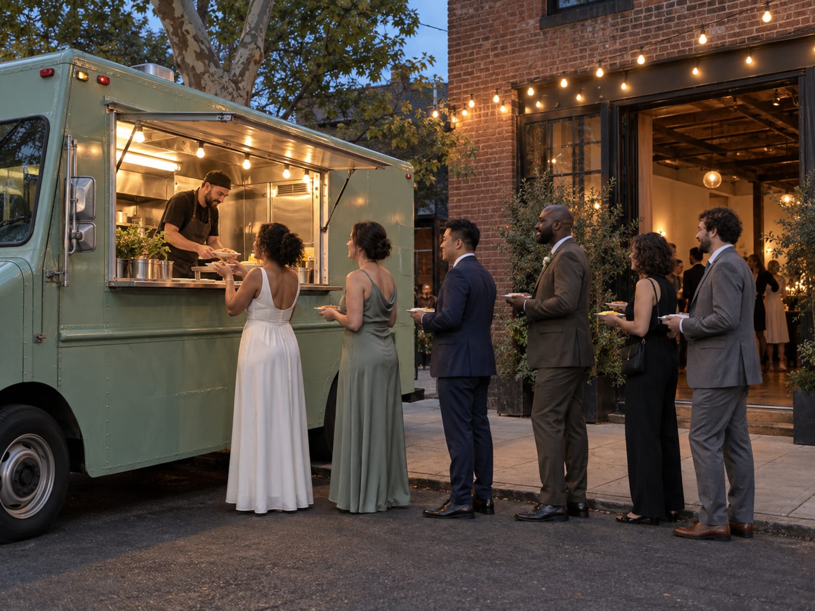 A food truck with its service window open parked at the curb outside a brick event space at dusk, wedding guests in dressy clothes waiting in a relaxed line with small plates under strings of warm bulbs over the doorway