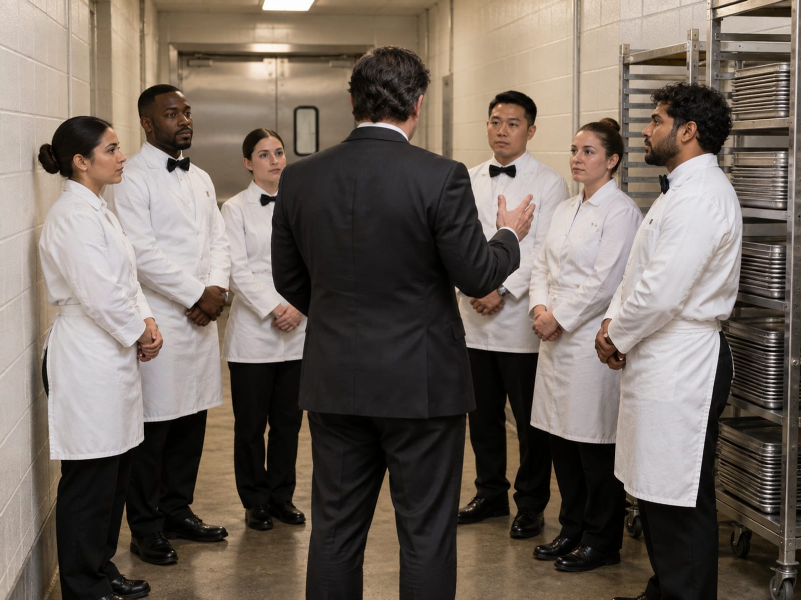 A catering captain in a dark suit seen from behind gesturing to a line of servers in white jackets in a back hallway, a rack of stacked trays beside them