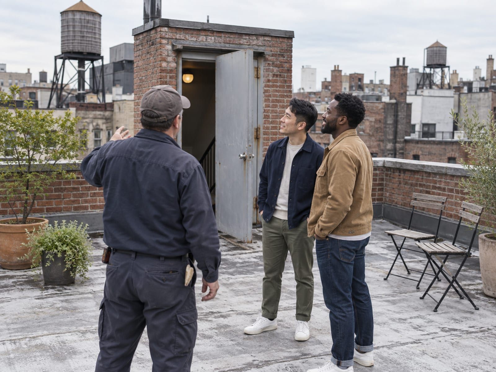 A building superintendent seen from behind showing two men in their thirties, one with light skin and East Asian features and one with deep brown skin, the flat roof of a brick apartment building with a metal bulkhead door, a parapet and potted plants