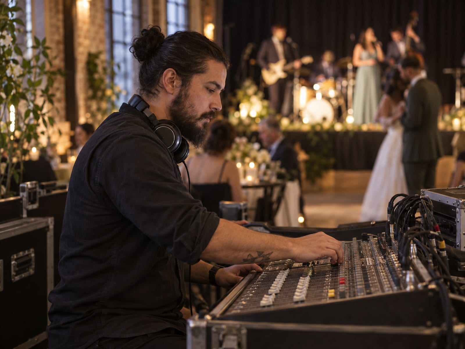 A sound engineer seen from the side at a small mixing desk at the back of a reception room, headphones around the neck, adjusting faders while a band plays soft and out of focus on a far stage