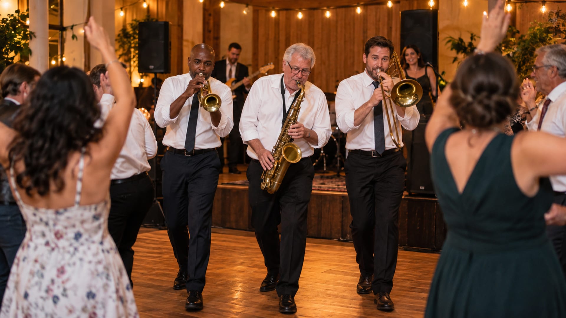 A trumpet, saxophone and trombone player stepping forward together on a low stage in a warm lit reception room while guests of mixed ages dance with arms raised in the foreground