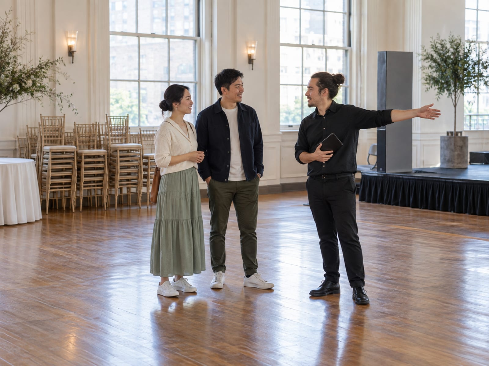 A DJ in their thirties pointing to the corner beside the dance floor where the setup will go, with a woman and a man with light skin and East Asian features in an empty reception room, chairs stacked against the far wall and daylight through tall windows