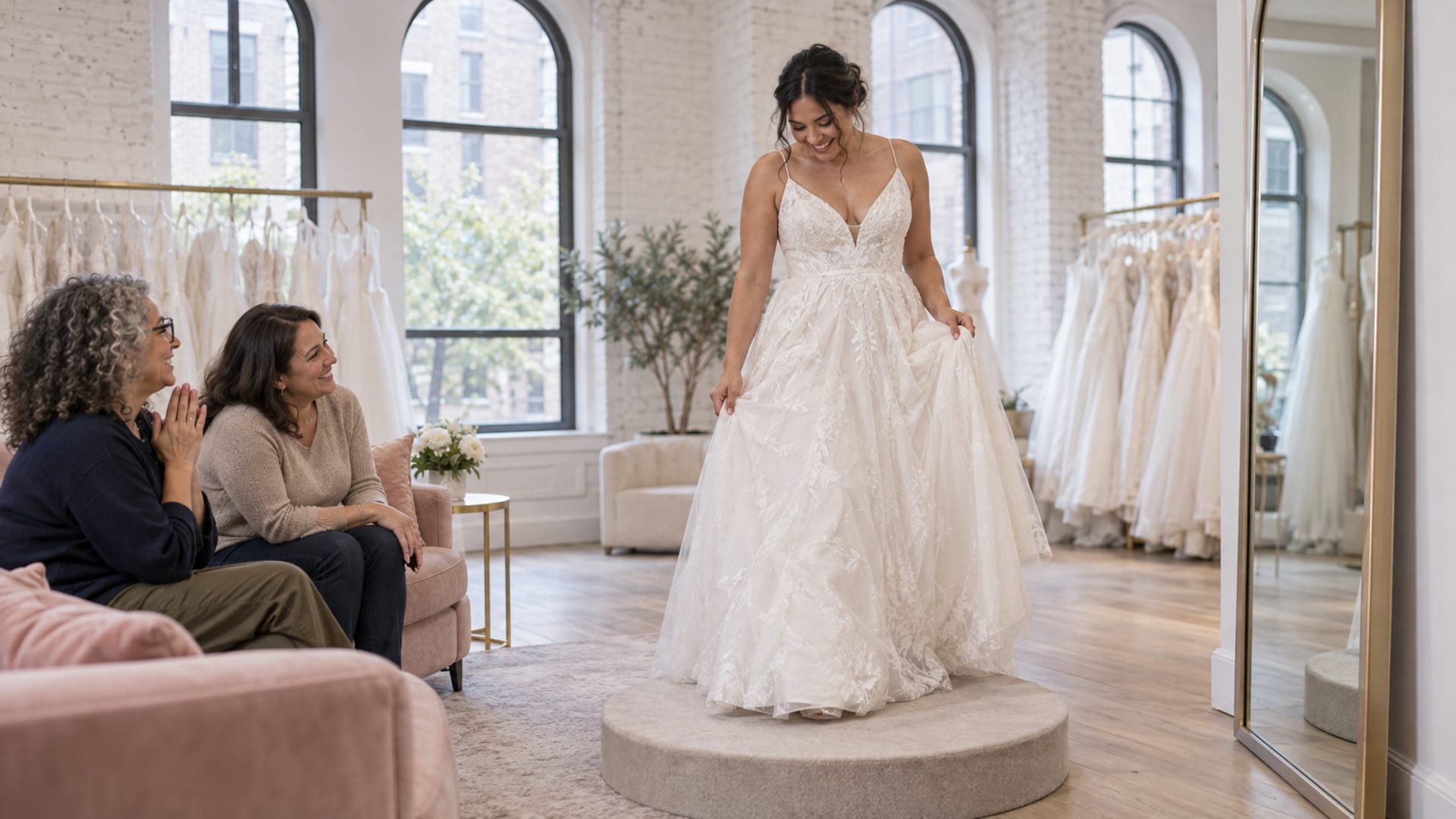 A person in their late twenties in a white sample gown stepping onto a low platform in a bright loft bridal salon with tall windows, while two companions in their fifties on a sofa react with delight and rails of gowns blur behind
