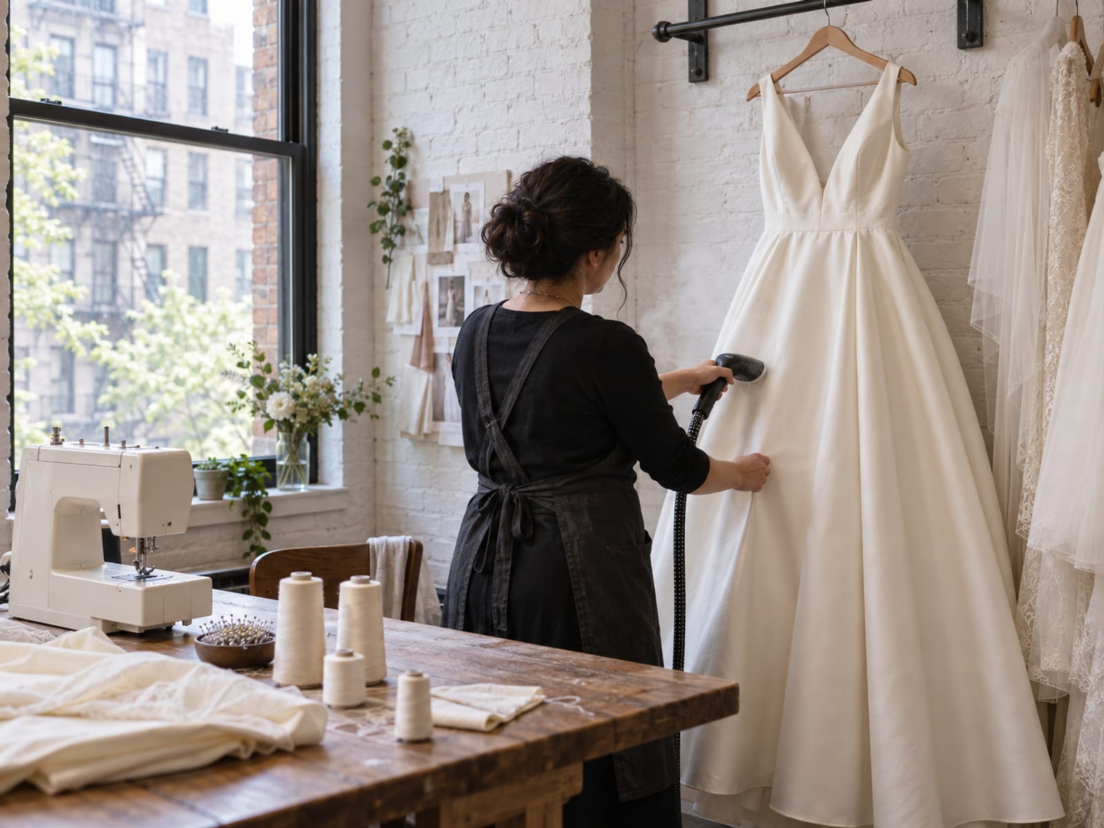 A seamstress seen from behind steams the skirt of an ivory gown hanging from a rail in a small workroom, with a sewing machine and spools of ivory thread on the table beside her