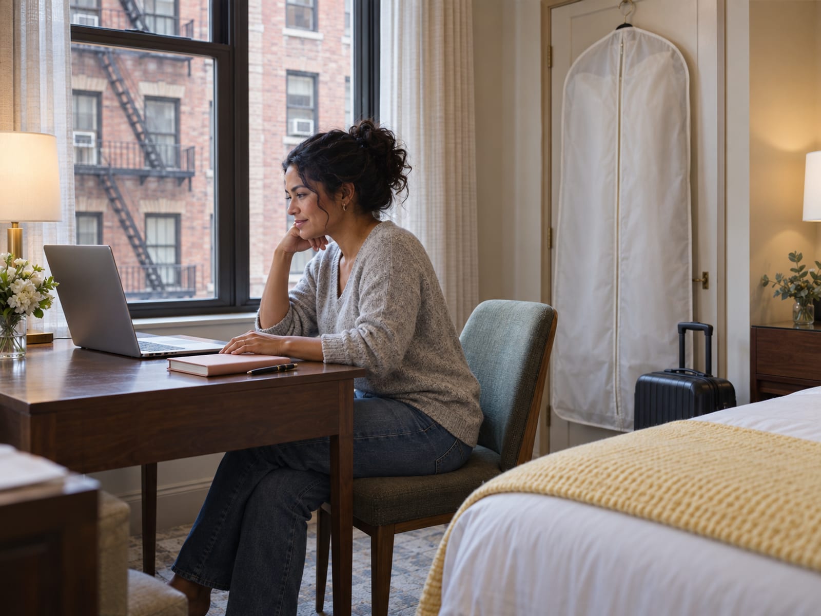 A person in their thirties seen from the side at a small desk by a hotel room window, with a laptop turned away, a closed paper planner and a pen, an empty garment bag on the closet door and a carry-on suitcase by the bed