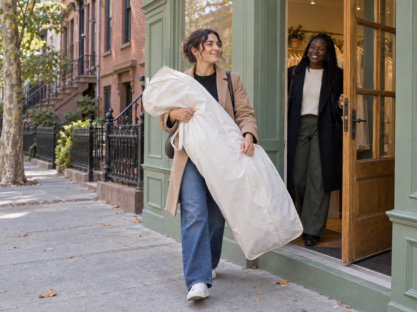 A person in their thirties steps out of a plain shop door onto a Brooklyn sidewalk carrying a gown in a long zipped garment bag across both arms while a friend holds the door open