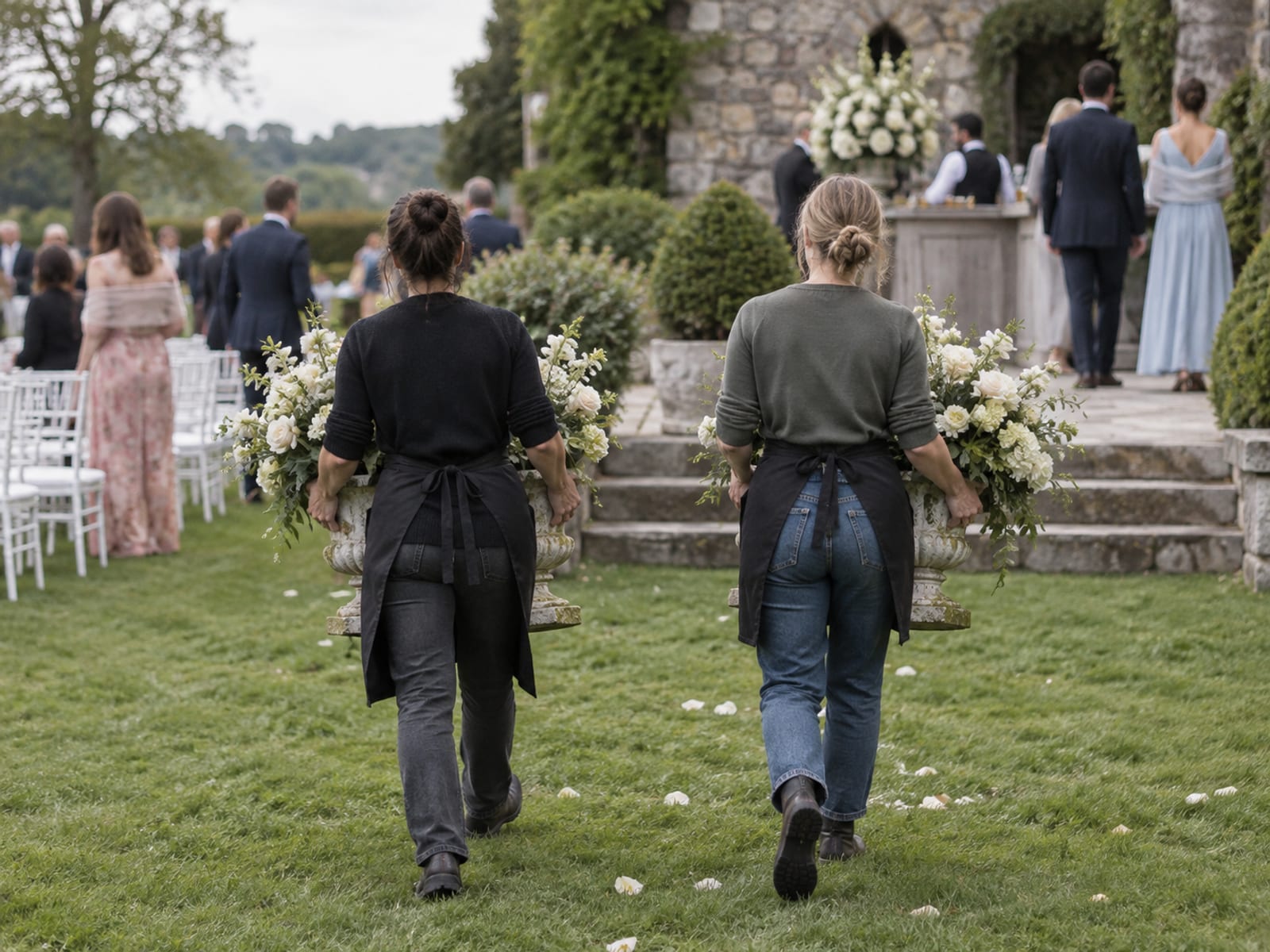Two florists seen from behind carrying low stone urns of white flowers from the aisle of a garden ceremony lawn toward a stone terrace, guests drifting away from rows of white chairs in the soft background