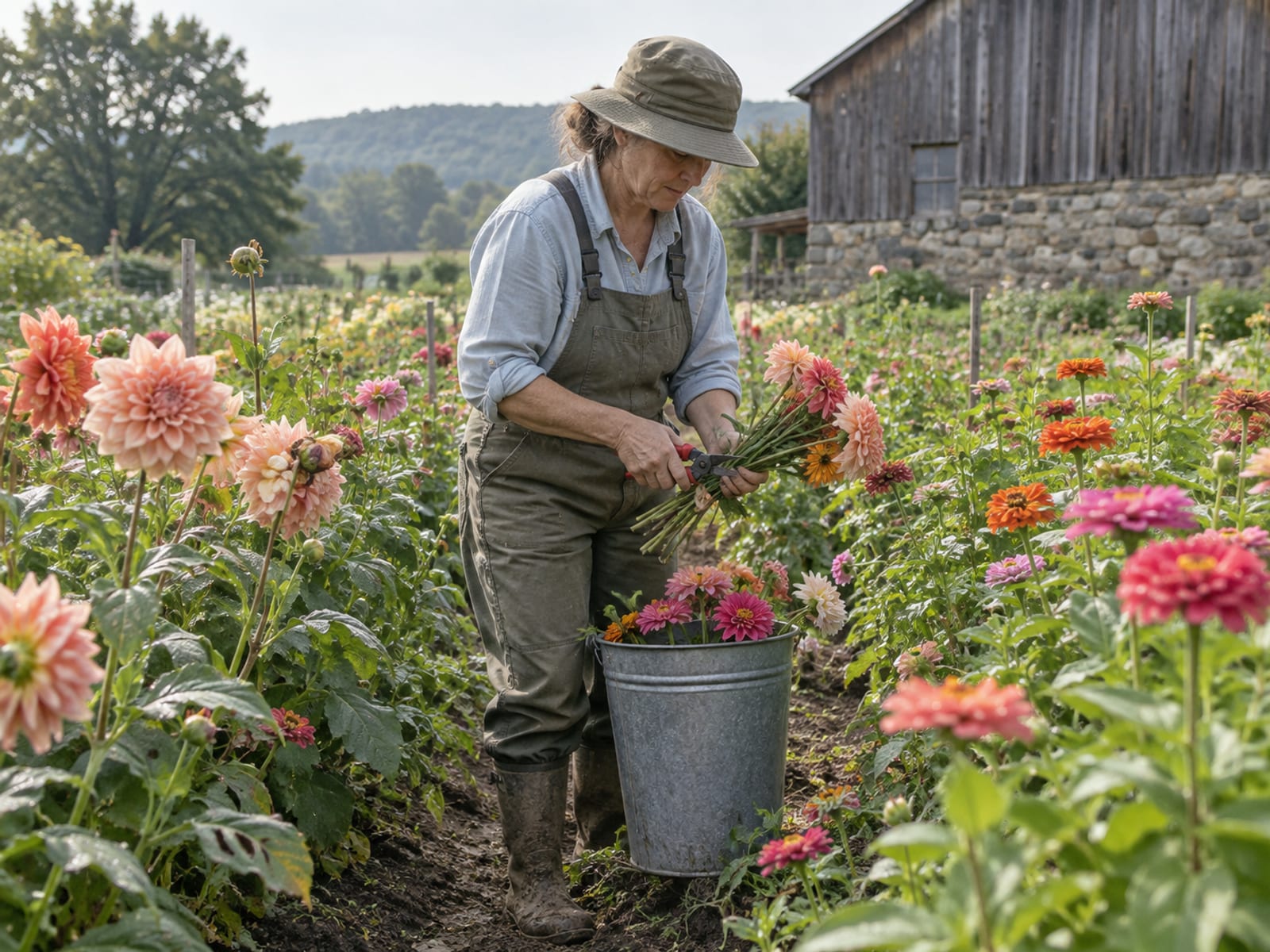 A grower in their fifties cutting dahlias and zinnias into a galvanized bucket between long rows of flowers on a small Hudson Valley flower farm, a timber barn and fieldstone wall in the distance