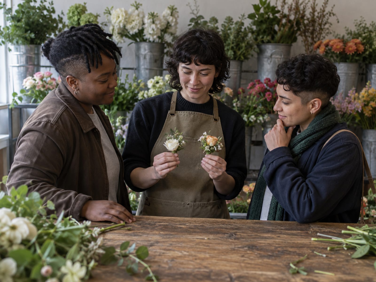 A florist in a canvas apron holding up two sample boutonnieres for two people with deep brown and light olive skin across the wooden counter of a small flower shop, buckets of stems on tiered stands behind