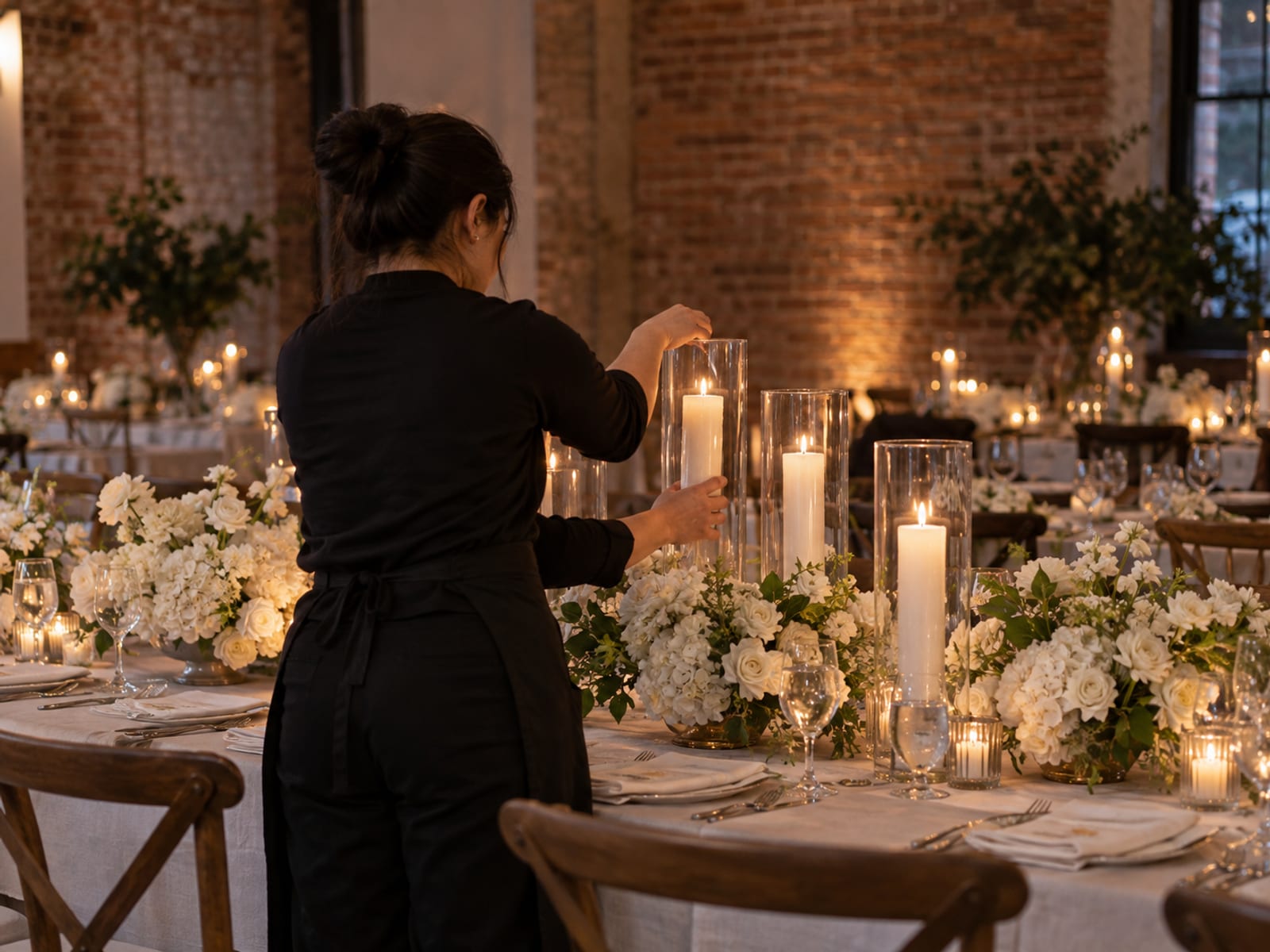 A venue coordinator seen from behind lowering pillar candles into tall glass hurricane cylinders among low white flower arrangements on a long reception table in a brick-walled event room
