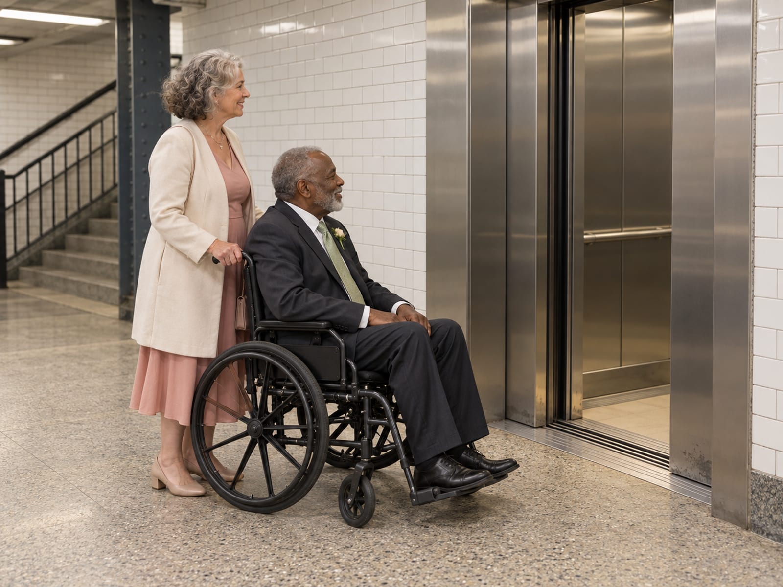 A wedding guest in their sixties using a wheelchair waits with a companion as subway station elevator doors slide open against a white-tiled wall