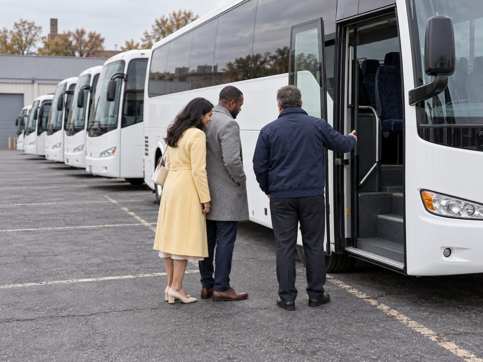 A woman and a man in their thirties, one with dark skin and one with light tan skin and South Asian features, walk with a manager seen from behind across a depot lot of plain white coaches and look in through one open coach door