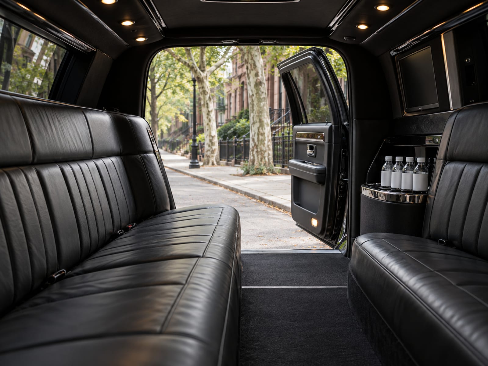 The inside of a black stretch car with long leather bench seats, soft ceiling lights and water bottles with blank labels in a holder, the door open onto a tree-lined street