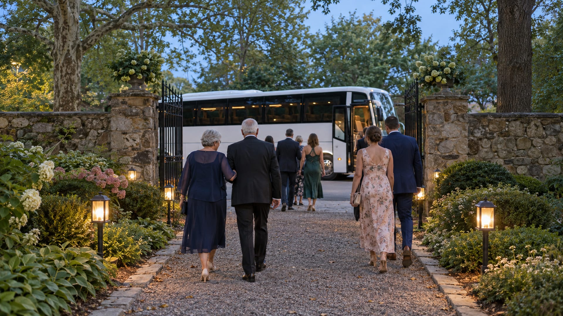 Wedding guests of mixed ages in formal clothes walking along a lantern-lined garden path in the evening toward a plain white coach bus waiting at the gate of a garden venue, trees in late summer leaf