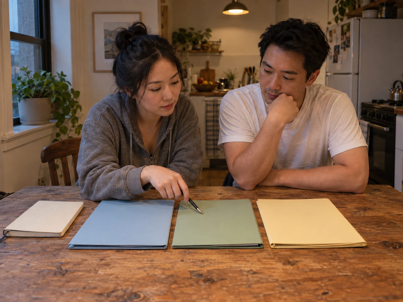 A woman and a man in their thirties, both with light skin and East Asian features, at a kitchen table in the evening with three plain closed folders side by side and a closed notebook, one tapping the middle folder with a pen as both think it over