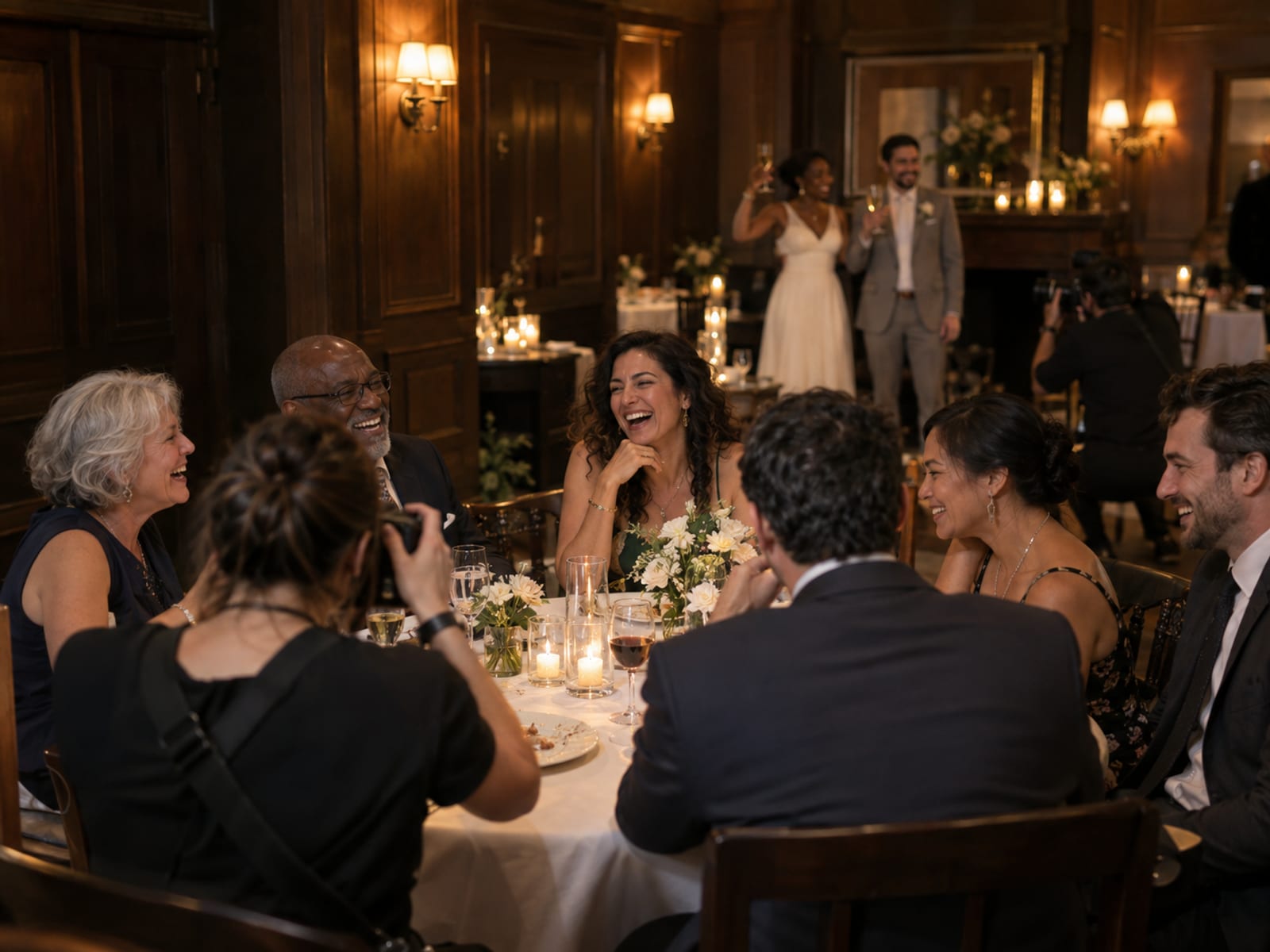 A second photographer seen from behind photographing laughing guests at a table in a restaurant private room, while across the room a woman in an ivory midi dress and a man in a light grey suit, one with deep brown skin and one with light olive skin, raise glasses out of focus as the lead photographer shoots them