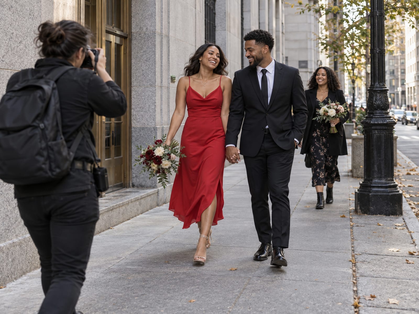 A photographer walking backwards with a camera raised, photographing a woman in a red dress and a man in a black suit, both in their twenties with medium brown skin, walking hand in hand past granite buildings, a friend with a spare bouquet a few steps behind