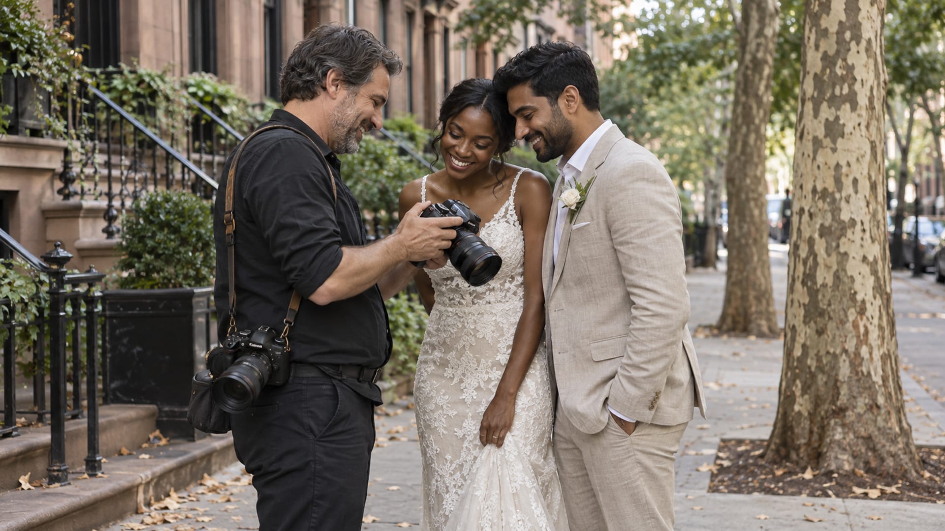 A wedding photographer in their forties seen from the side holding a camera with its display turned away as a couple in their thirties in wedding clothes lean in to look, a woman with dark skin in a lace dress and a man with light tan skin and South Asian features in a linen suit, on a brownstone block with plane trees