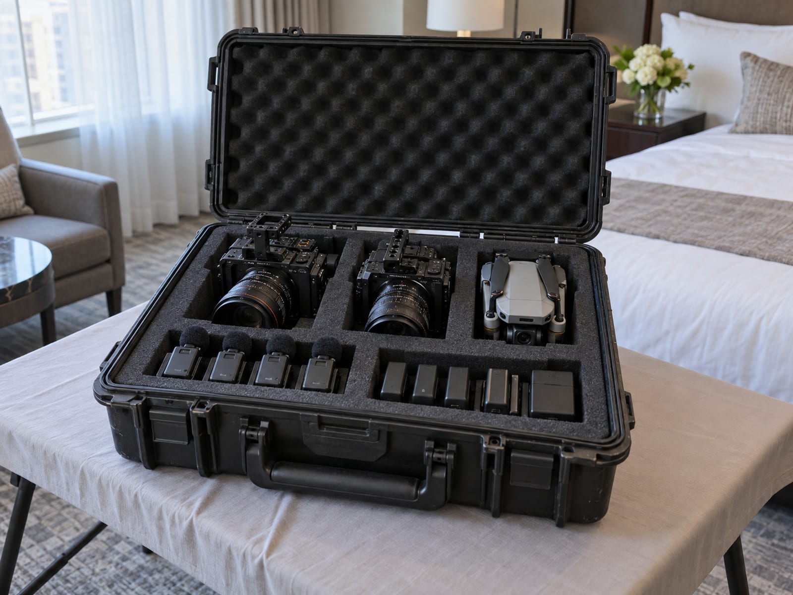 An open videographer gear case on a folding table in a hotel suite with two small cinema cameras and lenses in padded dividers, a folded drone, and a neat row of wireless microphone transmitters and spare batteries