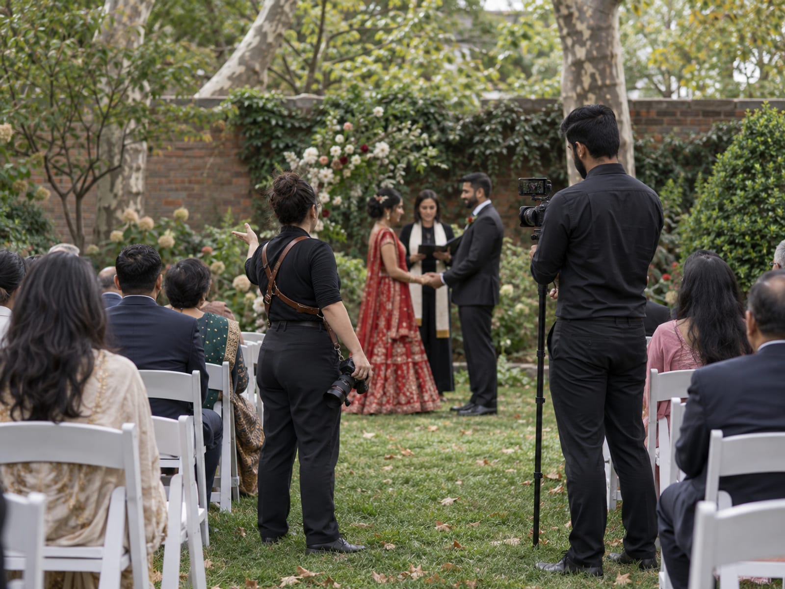 A photographer and a videographer on a monopod standing a few steps apart behind the last row of white chairs at a small garden ceremony, the photographer making a small hand signal, a couple in red dress and black suit and an officiant blurred at the front