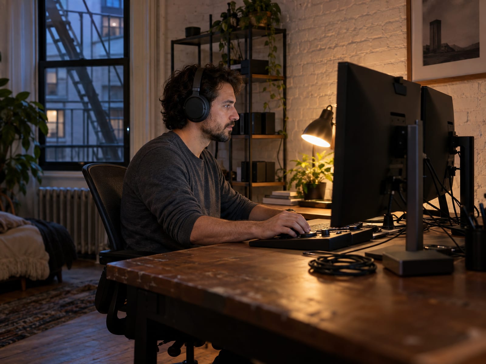 A video editor seen from the side at a tidy desk in a small apartment studio, wearing over-ear headphones with one hand on an editing controller, two monitors angled away and a row of external drives on a shelf