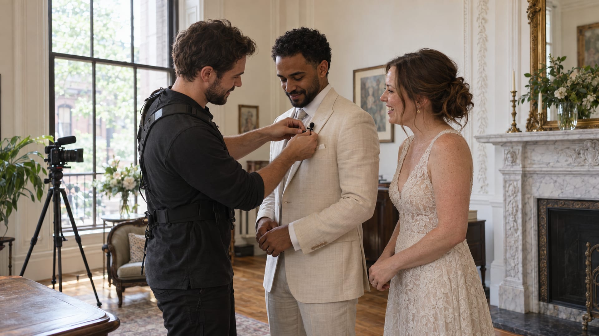A videographer clipping a small wireless microphone to the lapel of a man in a linen suit in a brownstone parlor, his partner in a lace dress watching and laughing, a small cinema camera on a tripod by the tall window