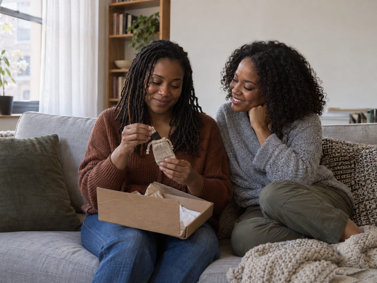 Two women with dark brown skin on a sofa in an apartment opening a plain cardboard mailer, one lifting out a small USB drive wrapped in linen while the other smiles