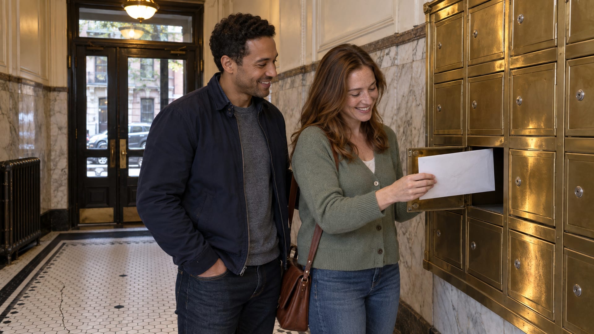 A couple in their thirties in everyday clothes at brass mailboxes in the tiled lobby of a prewar apartment building, a woman with fair freckled skin lifting a stiff plain white mailer from an open mailbox and a man with medium brown skin looking on and smiling