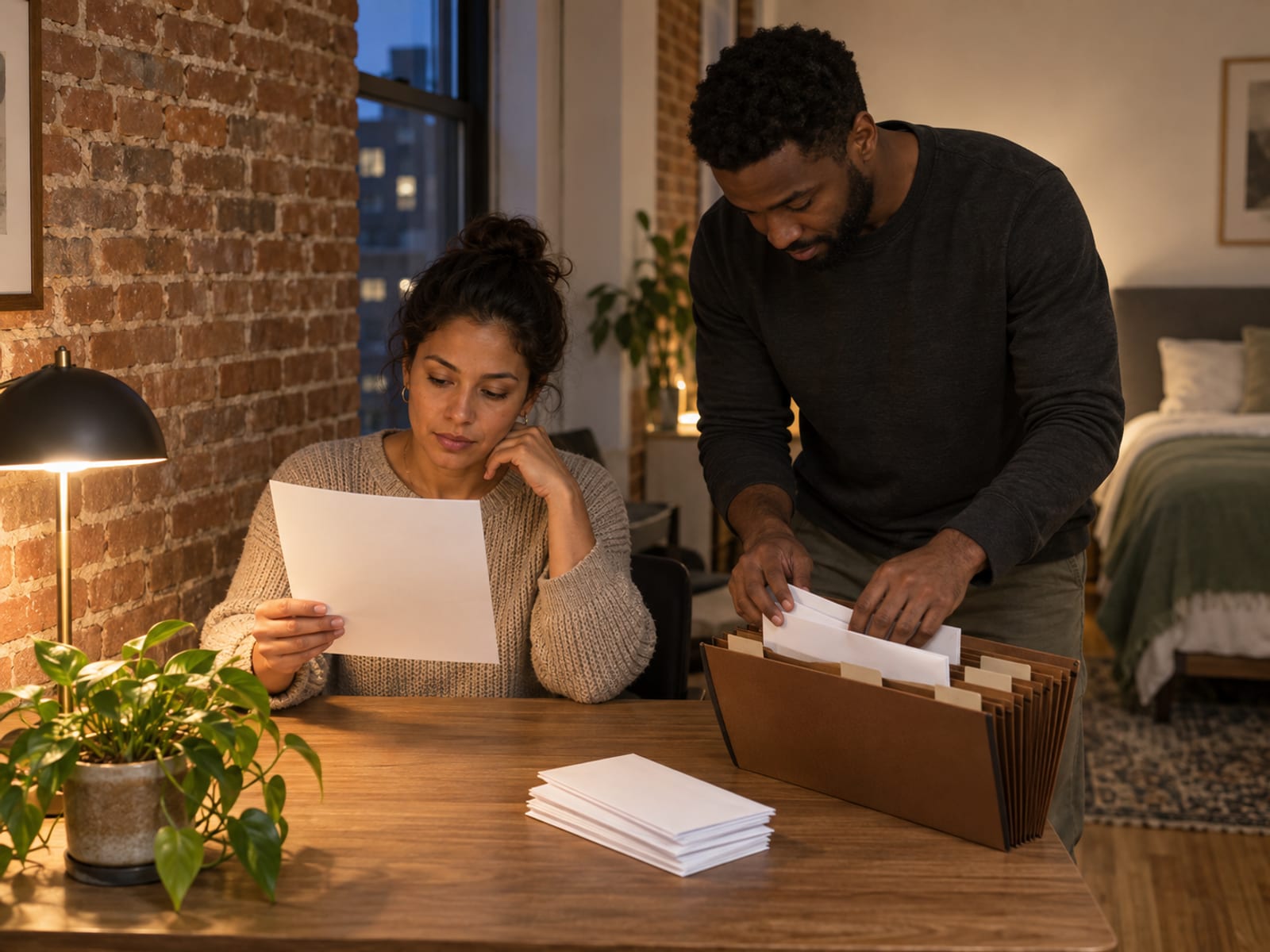 A woman and a man in their thirties, one with warm tan skin and one with dark brown skin, at a small corner desk in a studio apartment, one reading a paper checklist turned away from the camera and the other sorting plain envelopes into an accordion folder with blank tabs, a desk lamp on