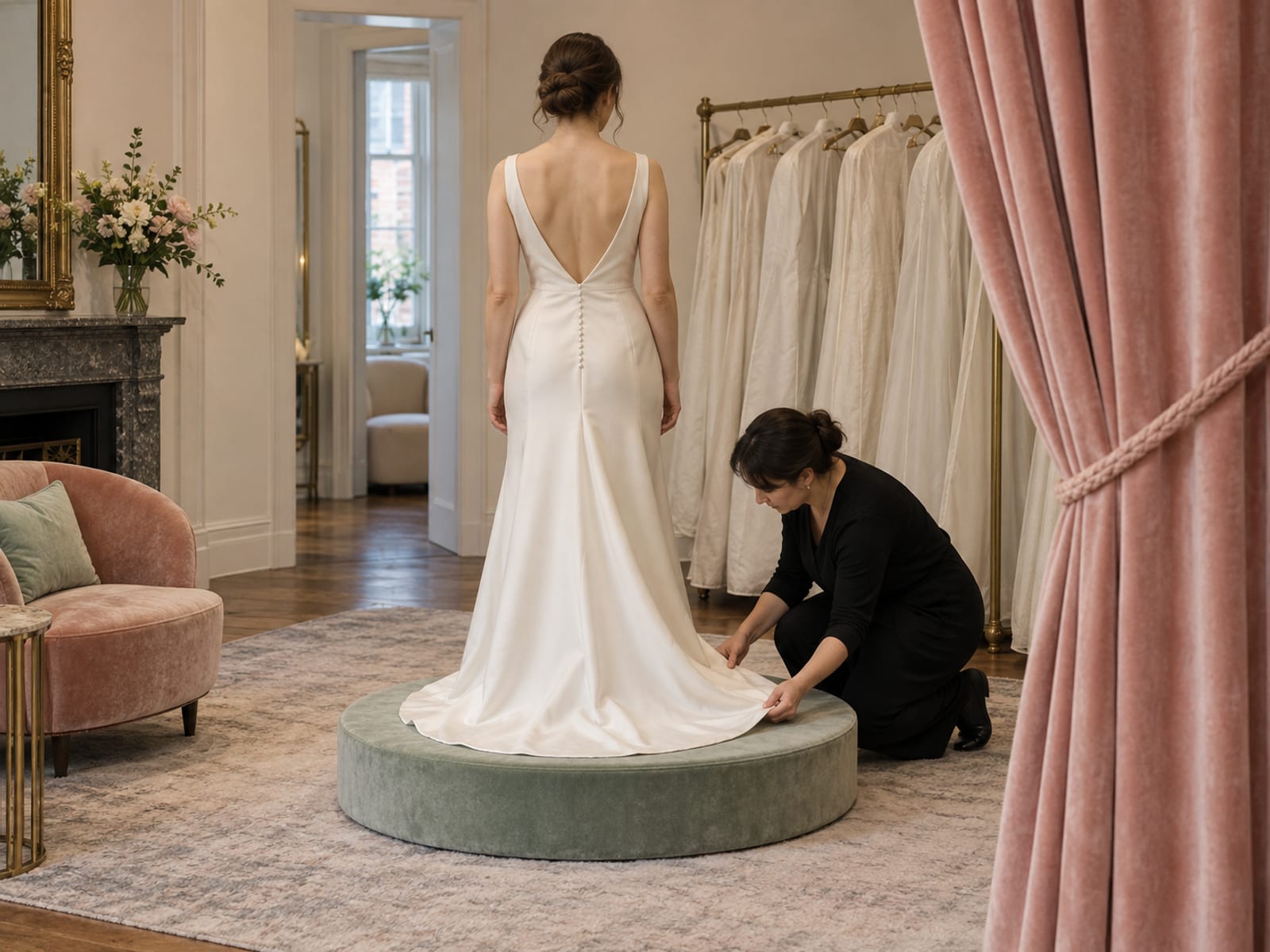 A person in a sample gown seen from behind on a low round platform in a boutique fitting area with a velvet curtain, a consultant kneeling to adjust the hem