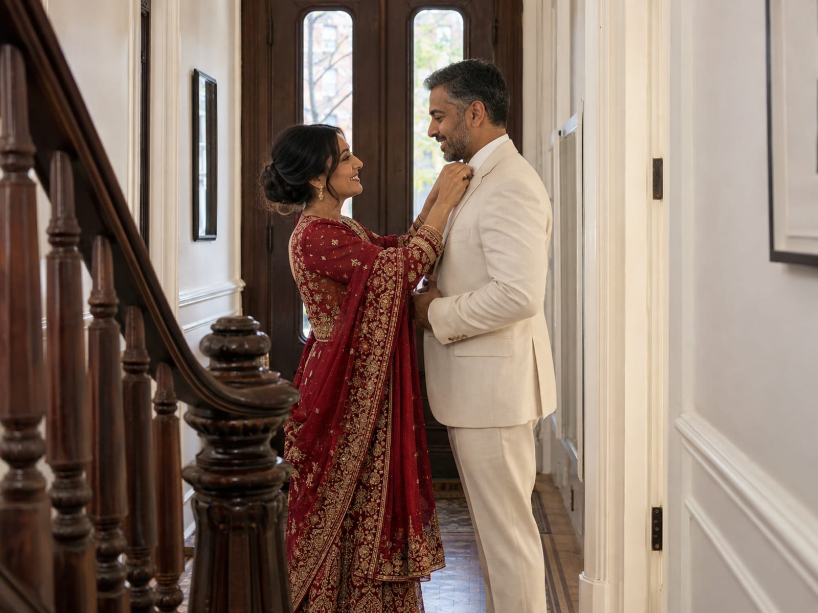 A woman and a man in their forties with warm tan skin in a brownstone hallway, she in an embroidered garment in deep red and he in a cream two-piece set, adjusting each other's collar