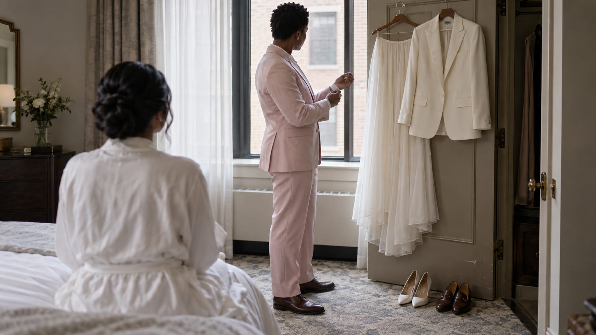 A long flowing skirt and a structured cream blazer on a hanger on a hotel wardrobe door with shoes paired below, a person with dark skin in a pale pink suit and pearls fastening a cuff at the window, their partner seated on the bed