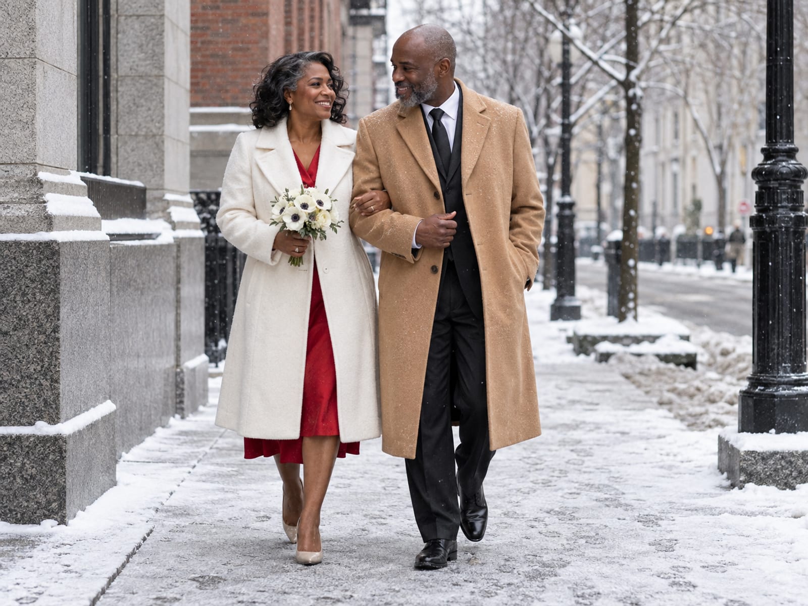 A woman and a man in their fifties with dark brown skin walking a snowy downtown sidewalk in wedding clothes, she in a white wool coat over a red dress and he in a long camel coat over a black suit