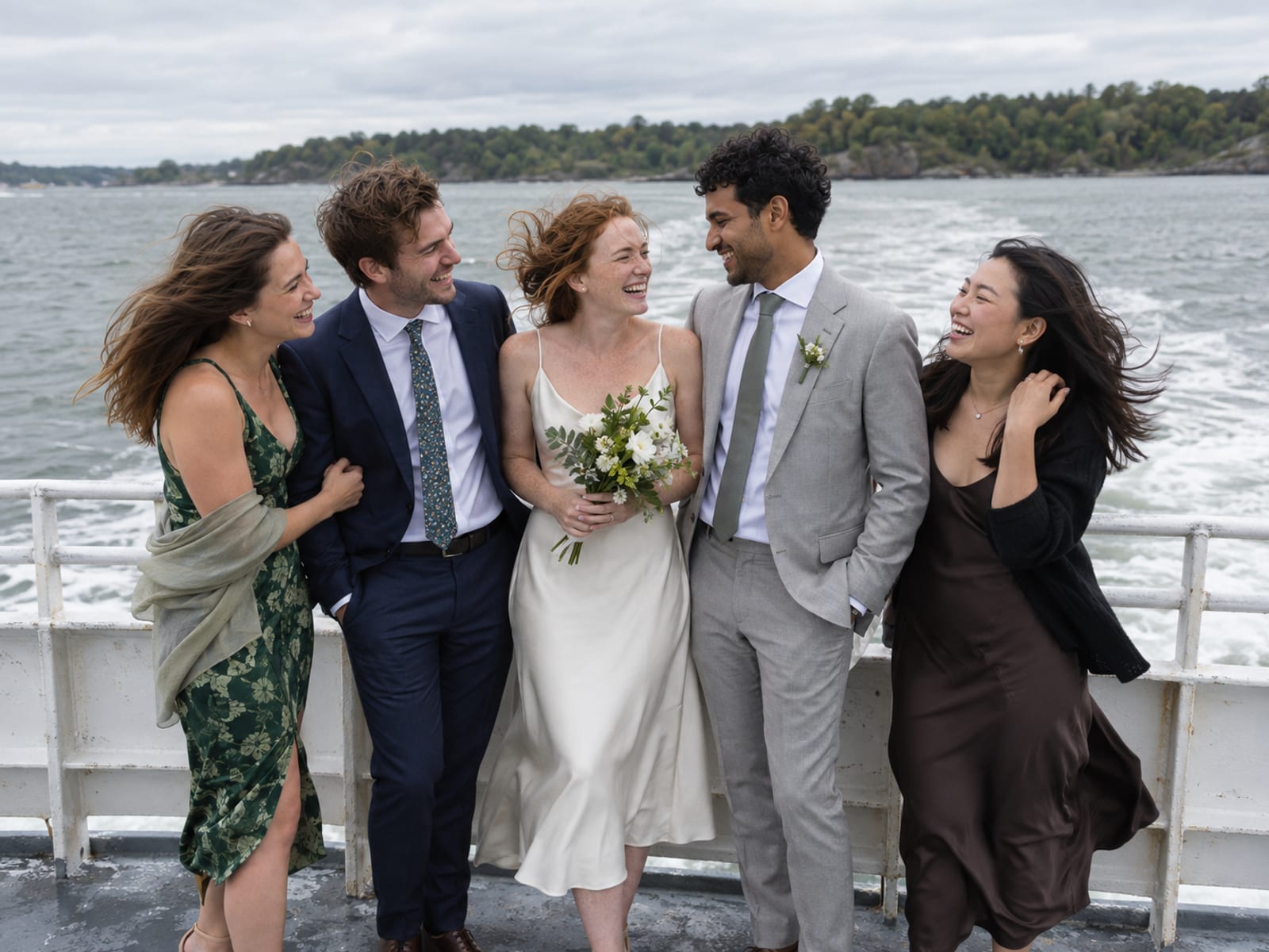 A woman and a man in their twenties in an ivory midi dress and a light grey suit, she with fair freckled skin and he with medium brown skin, with three friends on the open back deck of a small white commuter ferry, wind in their hair, river and a low wooded shore behind