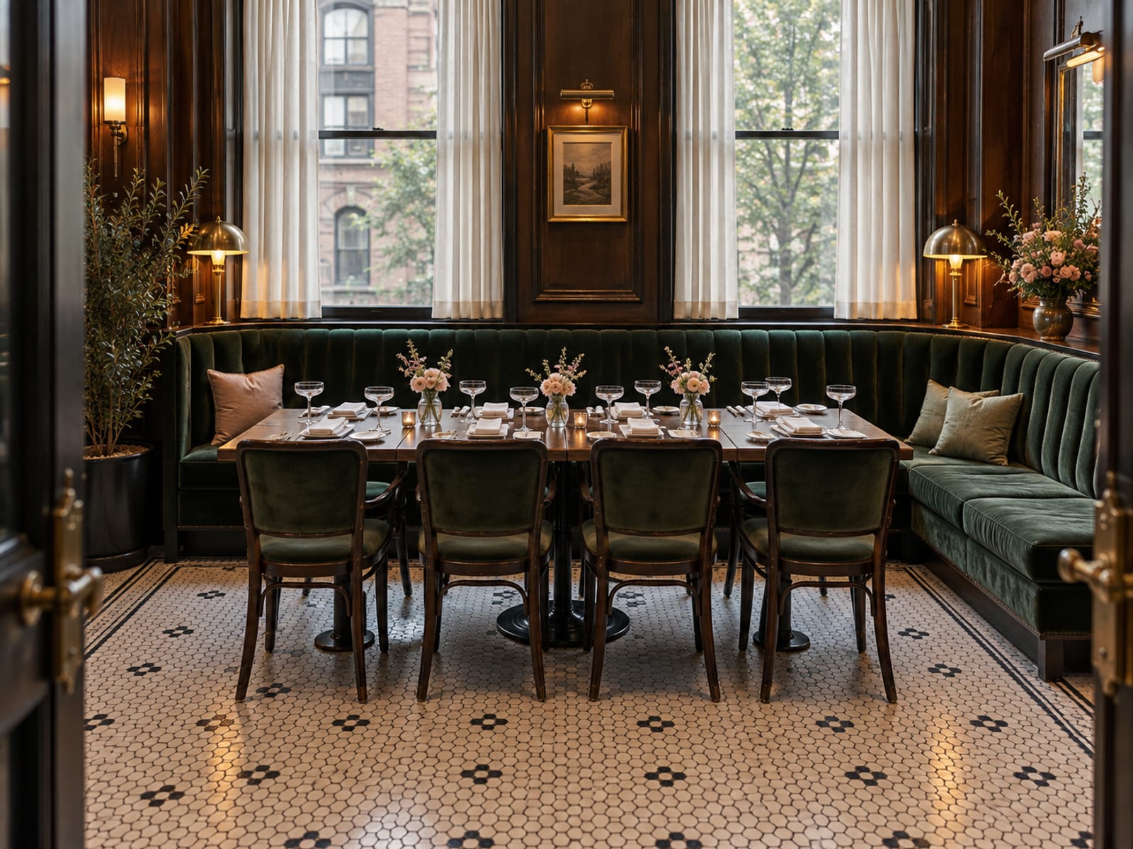 A hotel bar room with deep green banquettes, dark wood and a mosaic tile floor, one table set for eight with glasses and small flowers