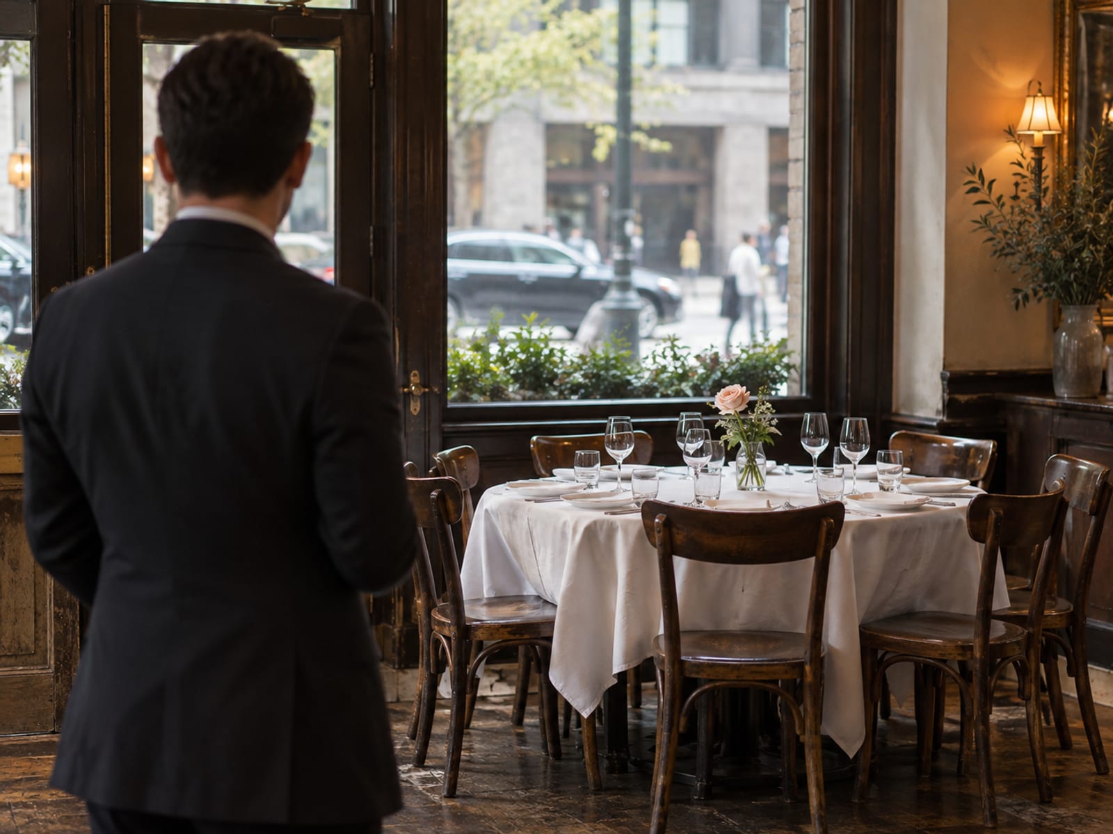 A table for six by a window in a quiet restaurant, set with a single bud vase, the chairs empty, a host seen from behind glancing toward the door